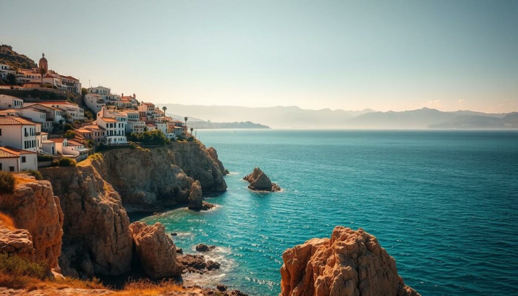 A stunning coastal landscape of Spanien, bathed in warm, golden sunlight. In the foreground, rugged cliffs and rocky outcroppings jut out into the sparkling azure waters of the Mediterranean Sea. Picturesque whitewashed buildings and terracotta roofs cascade down the hillsides, creating a charming, quintessential Iberian scene. In the middle ground, lush, verdant palm trees sway gently in the gentle sea breeze. The background is dominated by a breathtaking panorama of distant mountains, their peaks shrouded in hazy, atmospheric light. The overall mood is one of tranquility, natural beauty, and the quintessential allure of the Spanien coastline.