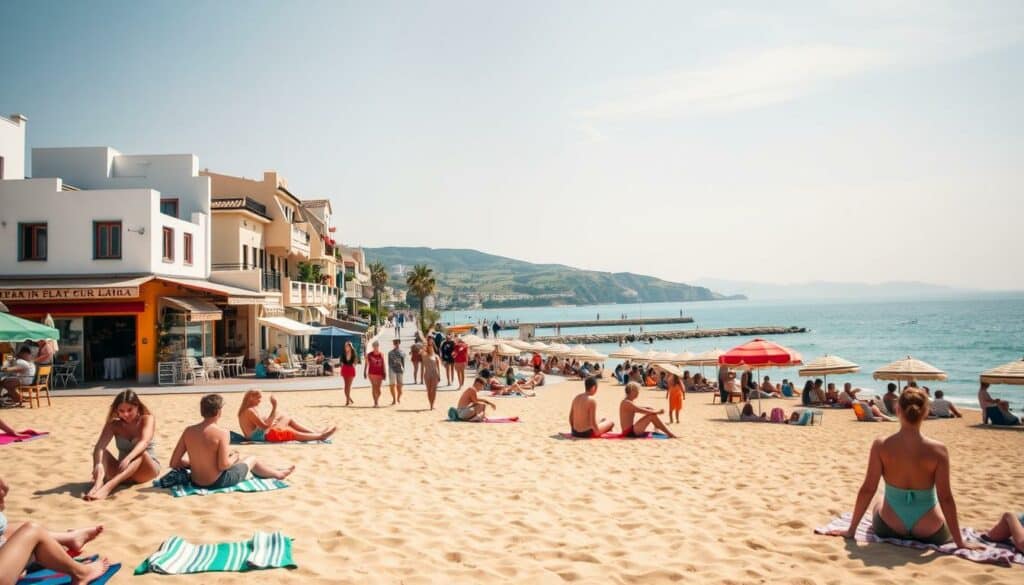 A sun-drenched Spanish vacation scene, captured with a wide-angle lens. In the foreground, a group of friends relaxing on a picturesque Mediterranean beach, their colorful towels and umbrellas dotting the golden sand. In the middle ground, a lively seaside promenade lined with charming cafes and boutiques, their vibrant facades reflecting the warm, inviting atmosphere. In the background, rolling hills and azure skies, with distant whitewashed buildings peeking through the haze. The lighting is soft and diffused, creating a serene, dreamy ambiance that perfectly encapsulates the diverse holiday experiences available in Spain.