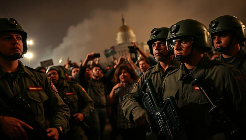 A tense, authoritative scene of the National Guard deployed during a political clash. In the foreground, stern-faced soldiers in crisp uniforms stand ready, their weapons at the ready. In the middle ground, a crowd of protesters shouts and gestures, their faces etched with defiance. The background is hazy, with the silhouettes of government buildings and the distant flash of camera lights. The lighting is harsh, casting dramatic shadows that heighten the sense of confrontation. The angle is low, giving the viewer a sense of being in the thick of the action, observing the standoff between the authorities and the public. The overall mood is one of high-stakes tension, a moment pregnant with the possibility of escalation.