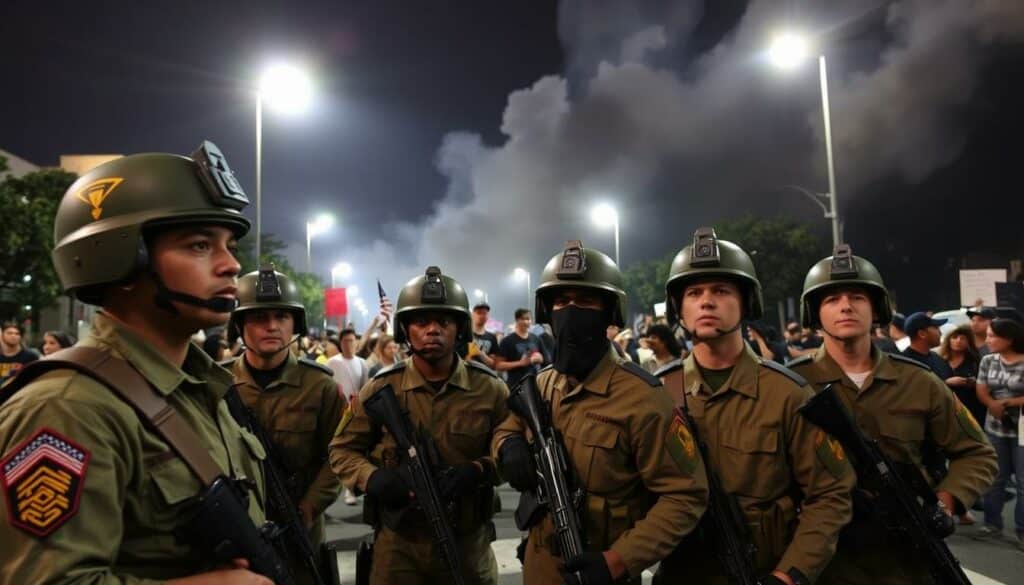 A tense standoff in the streets of Los Angeles, with members of the National Guard in full military regalia standing at the ready. Their uniforms are crisp and their weapons gleam under the harsh glare of floodlights. In the background, a crowd of protesters gathers, their faces etched with a mix of defiance and apprehension. The sky is darkened by billowing clouds of smoke, hinting at the simmering unrest that has gripped the city. The scene conveys a palpable sense of anticipation, as if the fragile peace could shatter at any moment, plunging the area into chaos.