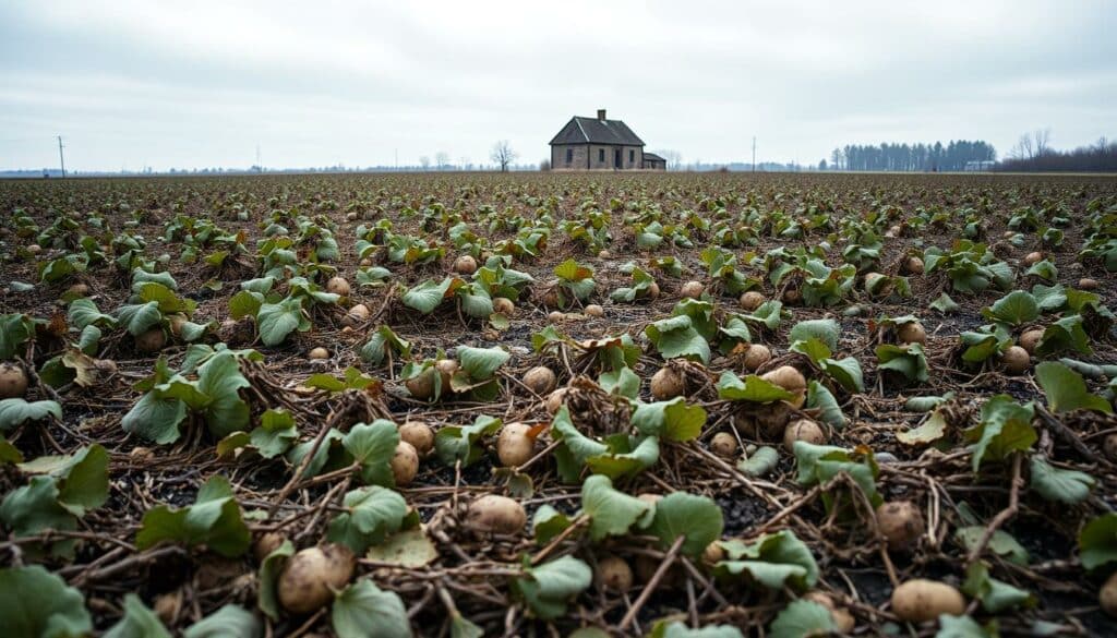 A vast, desolate field of withered potato plants, their leaves and stems ravaged by a late-spring frost. The once-vibrant green foliage now lies in shriveled, discolored heaps, blanketing the barren earth. A gloomy, overcast sky casts a somber, muted tone over the scene, emphasizing the devastating impact of the unexpected cold snap. In the distance, a lone, weathered farmhouse stands in melancholic solitude, a stark reminder of the human toil and hardship behind this agricultural catastrophe. The composition is framed with a shallow depth of field, drawing the viewer's attention to the ruined crop in sharp focus, conveying the gravity of the "Ernteausfälle durch Frost" that has afflicted this region.