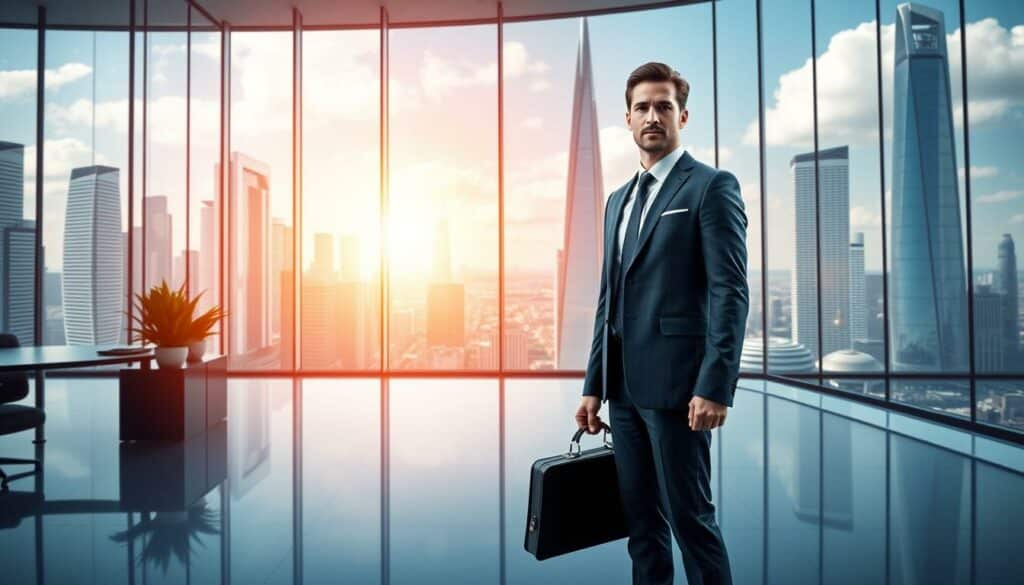 A vibrant and forward-looking scene depicting the concept of "Investition in die Zukunft" (Investment in the Future). In the foreground, a confident, well-dressed businessman stands with a determined gaze, briefcase in hand, symbolizing the strategic investment in professional development. The middle ground showcases a sleek, modern office interior with floor-to-ceiling windows, allowing natural light to flood the space and illuminating the scene. In the background, a cityscape of towering skyscrapers and futuristic architecture stretches out, hinting at the vast opportunities and growth potential that lie ahead. The overall composition conveys a sense of optimism, progress, and the profound impact that investing in one's future can have.