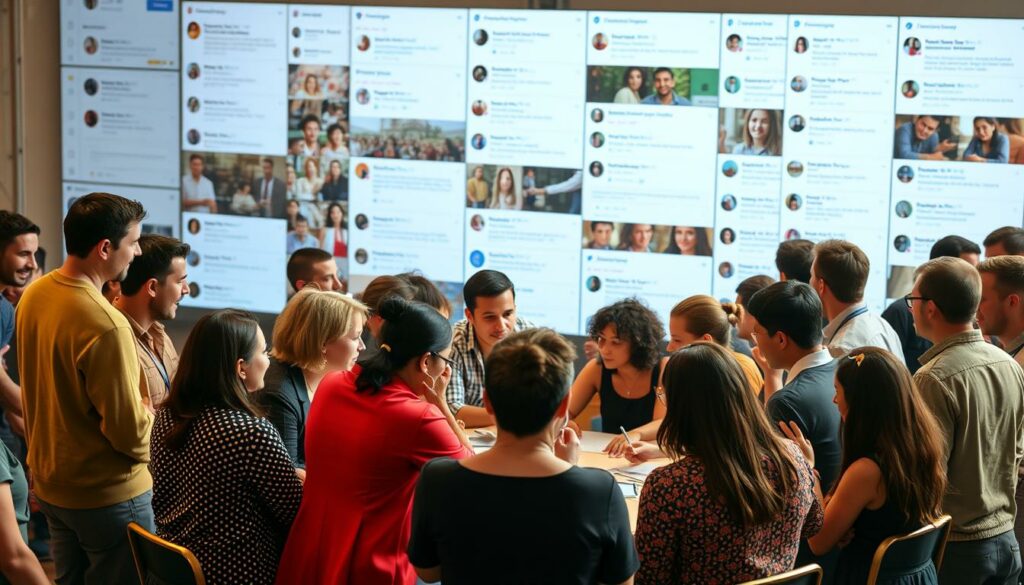 A vibrant community of people engaged in lively discussion and collaborative interaction on a social media platform. In the foreground, diverse individuals are gathered around a central table, sharing ideas, exchanging comments, and building connections. The middle ground features a backdrop of scrolling social media feeds, with trending topics and hashtags visible. The lighting is warm and natural, creating a sense of inviting atmosphere. The camera angle is slightly elevated, capturing the dynamic energy and camaraderie of the scene. The overall mood conveys a sense of organic growth, active engagement, and the power of online communities to foster meaningful connections and collective knowledge-sharing.