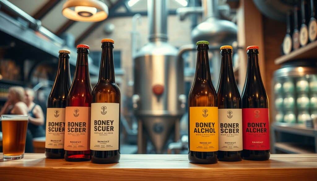 A vibrant display of non-alcoholic beer bottles, prominently showcased on a wooden shelf or table. The bottles are sleek and modern, with minimalist labels and muted color palettes that evoke a sense of sophistication. The lighting is soft and diffused, creating a warm, inviting atmosphere. In the background, a blurred, artfully-composed scene of a traditional brewery or beer garden hints at the heritage and craftsmanship behind these alcohol-free offerings. The overall composition conveys a balance of tradition and innovation, highlighting the growing appeal and quality of non-alcoholic beers.