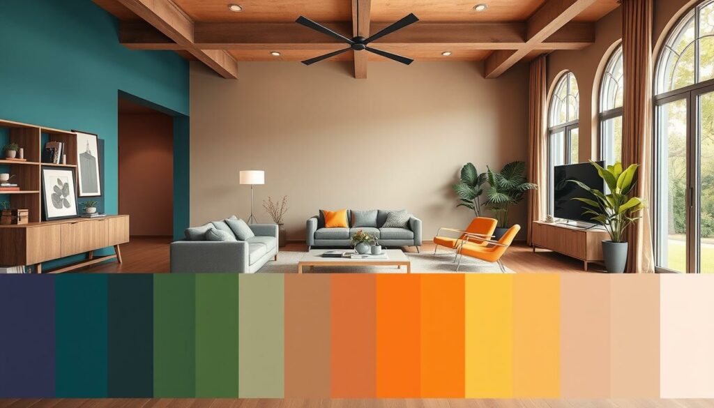 A vibrant, modern living room with an array of the latest trending wall colors. The foreground showcases a well-curated palette of rich jewel tones, earthy neutrals, and muted pastels, harmoniously blended across the walls. The middle ground features sleek, minimalist furniture in complementary hues, accentuating the color scheme. In the background, large windows flood the space with warm, natural light, creating a serene, inviting ambiance. The overall composition exudes a sense of contemporary sophistication and personal style, capturing the essence of current wall color trends for the modern home.