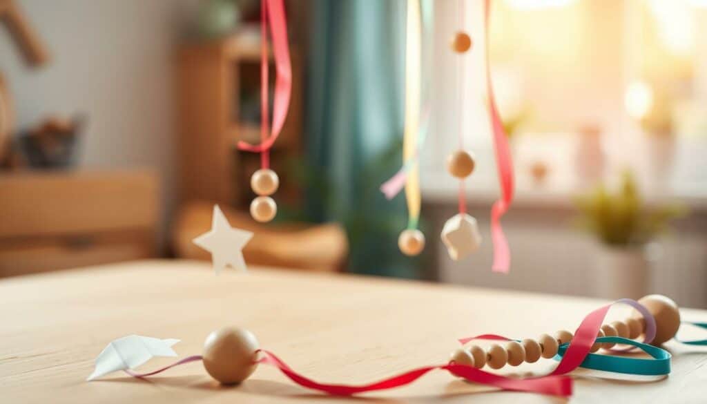 A vibrant, step-by-step DIY mobile instruction set, showcasing a whimsical arrangement of handcrafted elements against a warm, softly-lit backdrop. In the foreground, delicate paper shapes, wooden beads, and colorful ribbons are carefully positioned, hinting at the creative process. The midground features a neutral wooden surface, providing a natural foundation for the mobile components. In the background, a serene, slightly defocused setting evokes a cozy, inspirational atmosphere, encouraging the viewer to imagine the mobile swaying gently in a sunlit room. The overall composition exudes a sense of playfulness and tactile craftsmanship, perfectly suited to illustrate the "Anleitung: Mobiles basteln Schritt für Schritt" section.