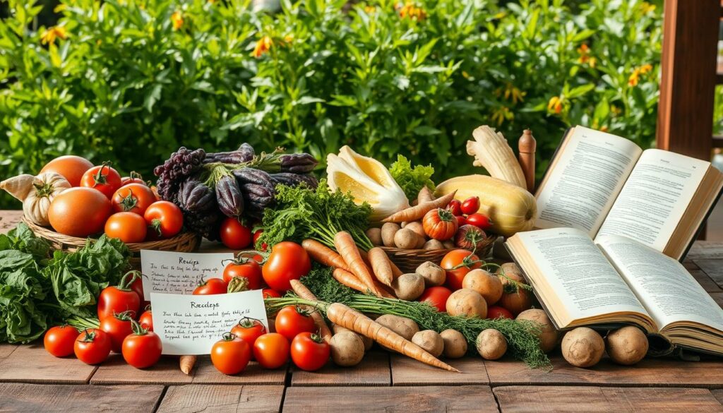 A vibrant still life showcasing an assortment of seasonal produce and recipes. In the foreground, a rustic wooden table is adorned with an array of freshly harvested vegetables, such as ripe tomatoes, crisp carrots, and hearty potatoes. Placed among them, handwritten recipe cards and open cookbooks suggest the culinary delights that can be crafted from these seasonal ingredients. The middle ground features a lush, verdant backdrop, hinting at the bountiful gardens from which these offerings were sourced. Soft, natural lighting casts a warm, inviting glow over the scene, capturing the essence of homemade, farm-to-table cuisine. An atmosphere of simplicity, comfort, and the celebration of seasonal flavors permeates the frame.