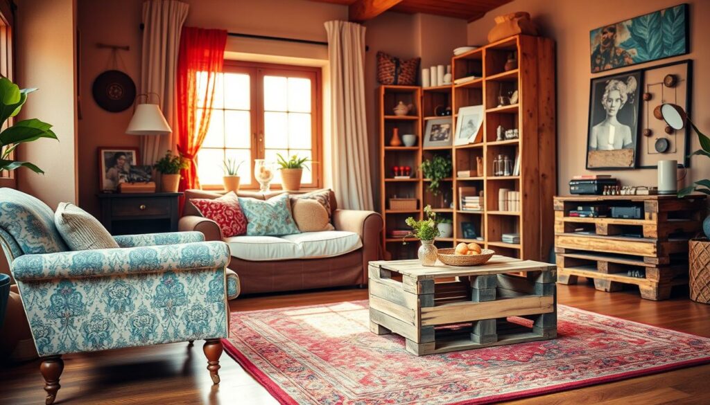A vibrant, upcycled living room scene showcasing creative furniture ideas. In the foreground, a refurbished vintage armchair with plush, patterned upholstery stands out. In the middle ground, a unique coffee table made from an old wooden crate sits atop a cozy, colorful rug. The background features a shelving unit constructed from repurposed wooden pallets, displaying an eclectic mix of decorative items. Warm, natural lighting filters through a large window, casting a cozy glow across the space. The overall atmosphere is one of warmth, creativity, and a celebration of repurposed, one-of-a-kind furnishings.