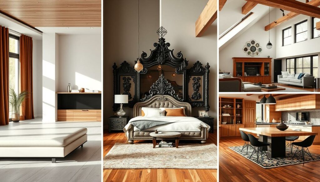 A visually engaging comparison of different interior design styles, showcasing their distinct aesthetics and characteristics. In the foreground, a sleek, minimalist living room contrasts with an ornate, baroque-inspired space in the middle ground. The background features a cozy, rustic-chic bedroom and a contemporary, open-concept kitchen. Warm, natural lighting illuminates the scene, highlighting the textures, colors, and furnishings that define each unique interior style. The overall composition conveys a sense of harmony and balance, inviting the viewer to explore the nuances of these diverse design approaches.