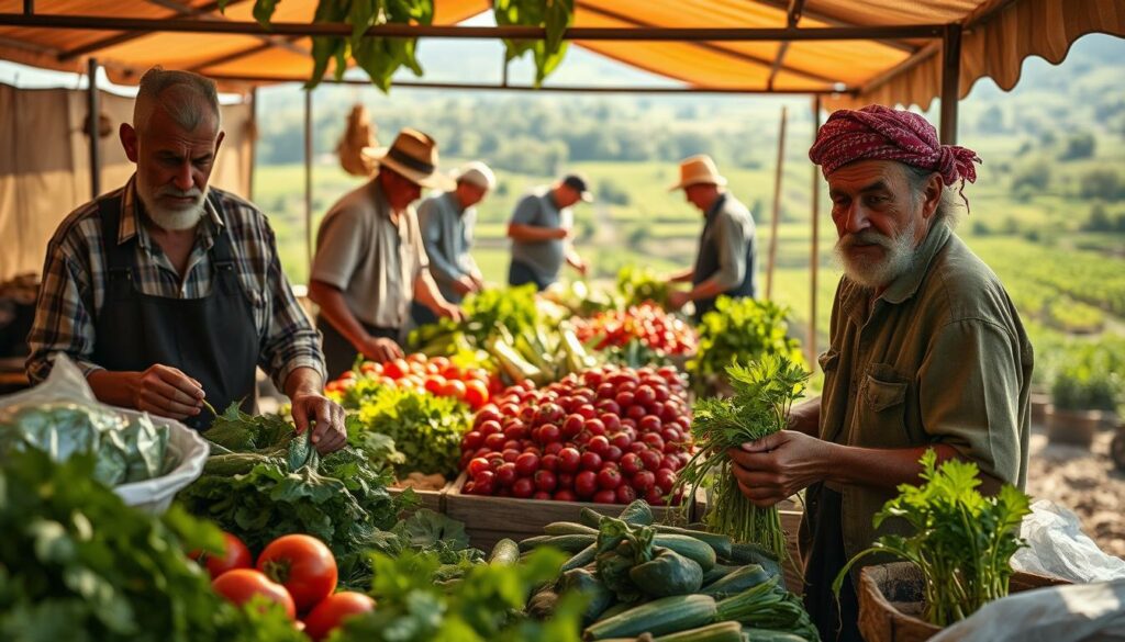 A warm and vibrant scene of local vegetable farmers at work, bathed in soft natural light. In the foreground, a group of farmers tend to their bountiful harvest, their weathered hands delicately picking fresh produce. In the middle ground, the farmers' stalls display an array of colorful, locally-grown vegetables, inviting passersby to explore. In the background, a lush, verdant landscape frames the scene, hinting at the fertile land that nurtures these hardworking growers. The atmosphere conveys a sense of pride, community, and a deep connection to the land. The image should capture the essence of resilience and the spirit of small-scale, sustainable agriculture.