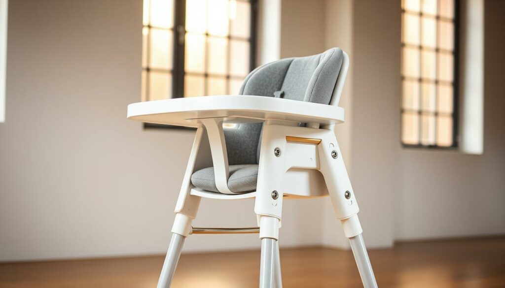 A well-designed and sturdy ANTILOP high chair, its sleek white frame and tray elevated with custom upgrades. Soft gray cushions line the seat and backrest, adding comfort and a touch of modern style. Subtle metallic accents on the legs and tray frame lend an industrial chic vibe. The chair is positioned in a bright, airy studio setting, with warm, diffused lighting from large windows casting a gentle glow. The overall scene exudes a sense of sophistication and attention to detail, perfectly capturing the "ANTILOP Hochstuhl: Sicherheit trifft Style" theme.