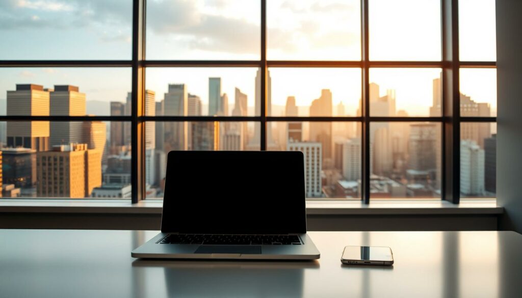 A well-lit, modern office scene. In the foreground, a laptop and smartphone sit on a sleek, minimalist desk. The background features a large window overlooking a bustling city skyline, bathed in warm, golden light. The scene conveys a sense of professionalism and efficiency, suitable for a guide on how to register a business online. The composition is balanced, with the desk and technology taking center stage, while the cityscape provides a subtle, contextual backdrop. The overall mood is one of productivity, progress, and the ease of conducting business in the digital age.