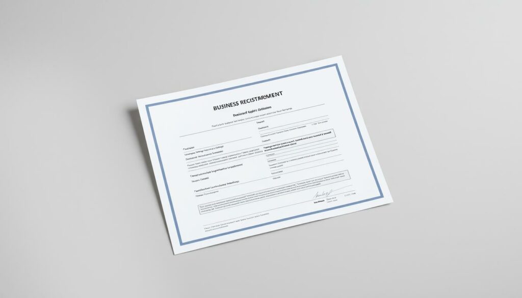 A well-organized and professional-looking business registration document, with a clean and formal design. The document should be centered in the frame, with a slightly angled perspective to create visual interest. The background should be a neutral, slightly muted tone, such as a soft gray or beige, to make the document the focal point. The lighting should be soft and evenly distributed, creating a sense of professionalism and authority. The overall mood should convey a sense of importance and legitimacy, reflecting the significance of the business registration process in the city of Munich.