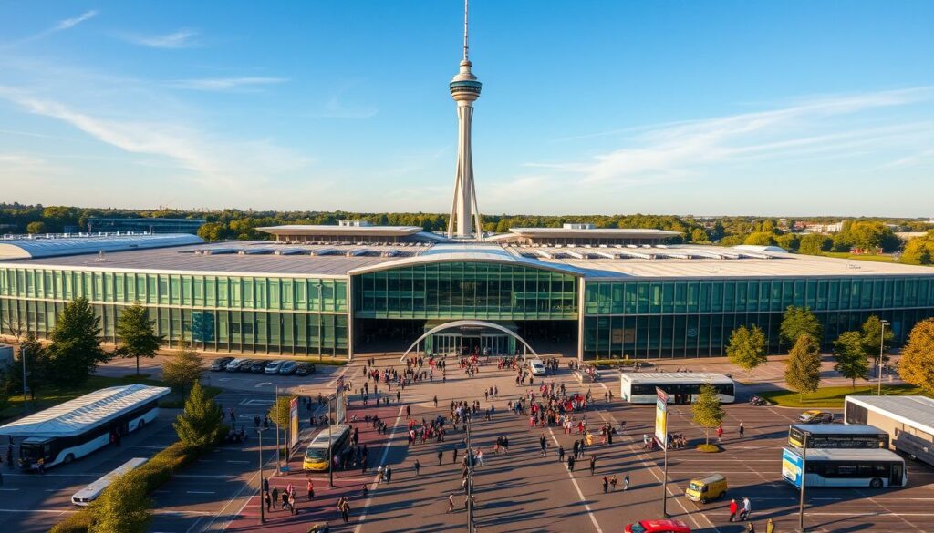 An aerial view of the Frankfurt Main Fairgrounds on a sunny day, with the Messeturm tower rising prominently in the background. The busy entrance area is bustling with people and vehicles, showcasing the practical transportation options for visitors - taxi stands, shuttle buses, and a dedicated metro station visible. The modern architecture of the exhibition halls blends seamlessly with the lush greenery surrounding the complex, creating an inviting and accessible atmosphere for the Messe Rhein Main 2025 event. Warm afternoon light casts long shadows, guiding visitors towards the main entrance and the information desks located in the central plaza.