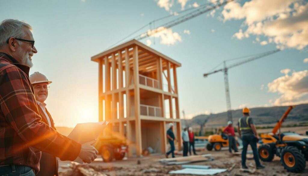 Cozy construction site, bustling with activity. In the foreground, a smiling customer discusses plans with an attentive project manager, their handshake symbolizing the partnership. Surrounding them, workers diligently erect a modern building, its sleek lines and warm tones reflecting the client's vision. The middle ground showcases efficient machinery and neatly organized materials, hinting at the meticulous attention to detail. In the background, a serene landscape provides a calming backdrop, the sun's golden glow illuminating the scene with a sense of contentment. The atmosphere exudes professionalism, collaboration, and a relentless focus on customer satisfaction - the cornerstones of a thriving construction industry.