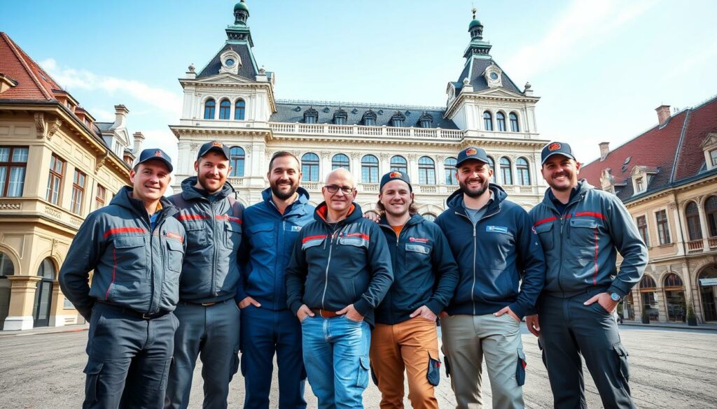 Dachdecker Wien Team vor historischem Wiener Gebäude Dachdecker Wien Team vor historischem Wiener Gebäude