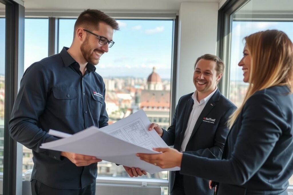 Dachdecker in München bei der Beratung eines Kunden Dachdecker in München bei der Beratung eines Kunden