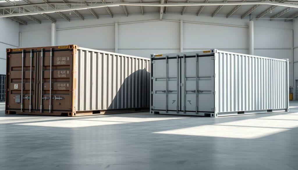 Detailed comparison of a sea container and a storage container in a well-lit, large warehouse setting. The sea container has a distinct corrugated metal exterior and a sturdy, industrial appearance, while the storage container has a smoother, more uniform appearance. They are positioned side by side, allowing for a clear visual contrast. The lighting is bright and even, creating clean shadows that accentuate the forms and textures of the containers. The scene is captured from a slightly elevated angle, providing a comprehensive view of the two container types and their distinguishing features. The overall mood is one of informative objectivity, enabling the viewer to easily assess the differences between the two container options.