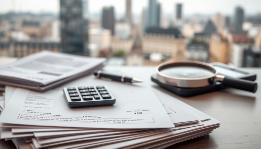 Detailed financial documents depicting the administrative costs of business registration in Frankfurt, Germany. In the foreground, a stack of official forms and papers, meticulously organized. In the middle ground, a calculator, pen, and magnifying glass, symbolizing the careful calculation and scrutiny required. The background shows a blurred cityscape, alluding to the urban context in which these business regulations exist. The lighting is soft and muted, creating a professional, government-issued aesthetic. The overall composition conveys the seriousness and importance of understanding the financial requirements for starting a new enterprise.