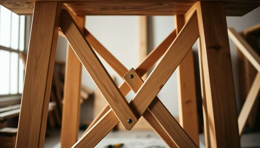Detailed image of a table being constructed, with the legs assembled in an X-shaped configuration. Centered in the frame, the table legs are visible from a low angle, showcasing the intricate joinery and sturdy construction. The wood has a warm, natural tone, and the lighting casts dramatic shadows, emphasizing the structural elements. The background is slightly blurred, keeping the focus on the task at hand. The overall atmosphere is one of focused craftsmanship, with a sense of precision and attention to detail.