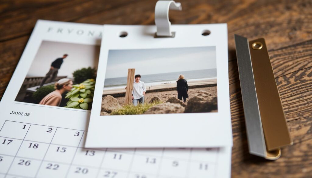 Ein Fotokalender mit wiederverwendbaren Elementen wie Metall- oder Holzleisten.