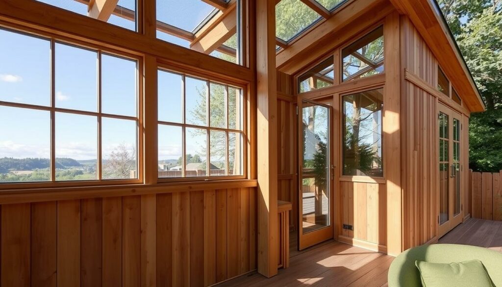 Ein modernes Holz Gartenhaus mit großen Fensterflächen