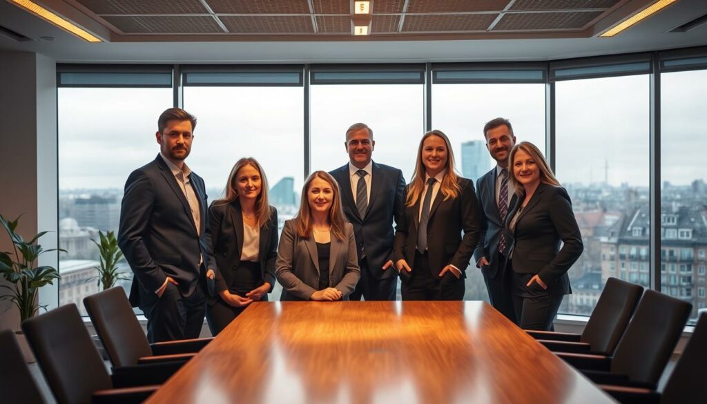 Experienced real estate team in Leipzig, gathered in a professional office setting. The team members are dressed in smart business attire, standing or seated around a modern conference table, engaged in discussion. Warm, indirect lighting casts a subtle glow, highlighting their focused expressions. The background features floor-to-ceiling windows overlooking the cityscape of Leipzig, conveying a sense of expertise and authority. The composition emphasizes teamwork, collaboration, and the collective knowledge of the RE/MAX Leipzig professionals.