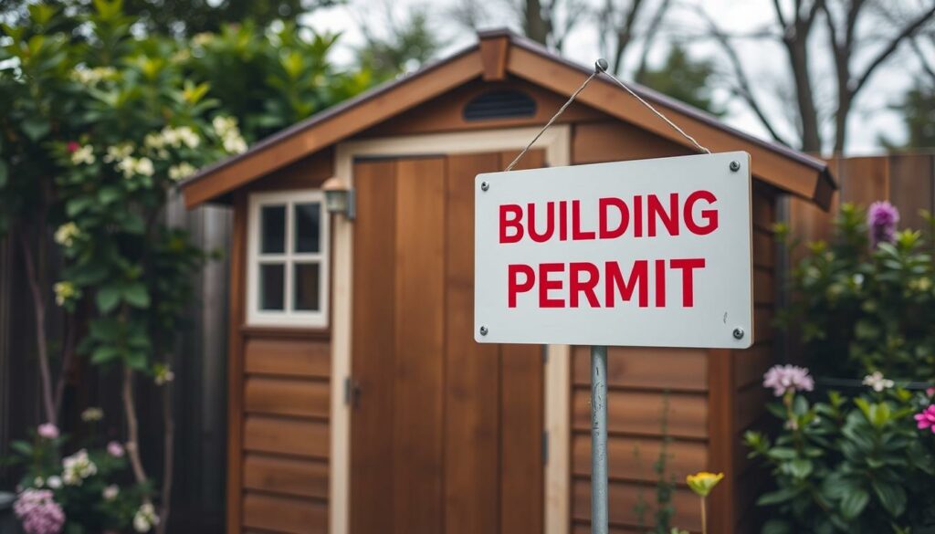 Generiere ein Bild von einem Gartenhaus mit einem Schild "Baugenehmigung"