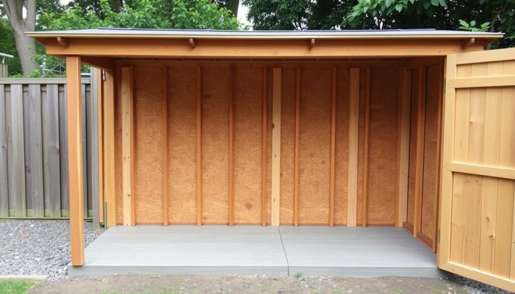 Generieren Sie ein Bild von einem Gartenhaus mit verschiedenen Wandstärken