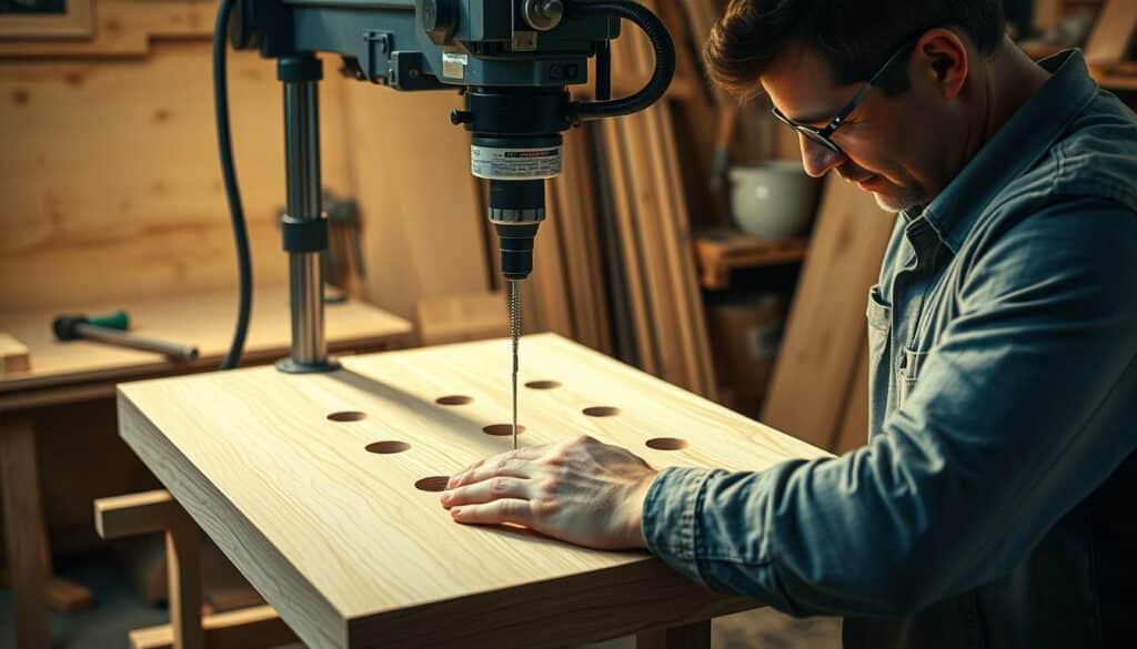Precise drilling for table construction. A workshop scene with a skilled carpenter meticulously operating a powerful, modern drill press to create perfectly aligned holes in a solid wood tabletop. Warm, directional lighting casts dramatic shadows, highlighting the concentration on the worker's face and the precision of their movements. The tabletop is secured in a jig, ensuring stability and accuracy. The background features various woodworking tools and materials, conveying a sense of a well-equipped, professional workspace dedicated to fine carpentry. The overall mood is one of focused craftsmanship, emphasizing the importance of proper drilling techniques for high-quality table-building.