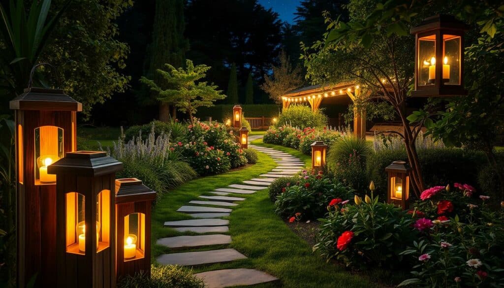 Selbstgemachte Gartenbeleuchtung A serene outdoor scene with a handcrafted garden lighting display. In the foreground, a cluster of rustic lanterns made from reclaimed wood and glass, their soft warm glow casting a cozy ambiance. In the middle ground, a winding stone path leading through a lush, well-tended garden, overflowing with vibrant flowers and verdant foliage. In the background, the silhouettes of mature trees and a starry night sky, creating a tranquil, atmospheric setting. The lighting is natural and evenly distributed, with a focus on highlighting the handmade aesthetic and the beauty of the garden. The overall mood is one of homespun charm, inviting the viewer to imagine themselves strolling through this enchanting outdoor space.