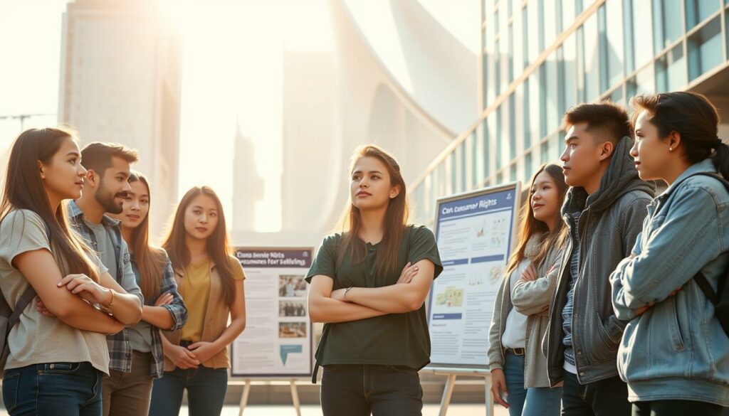 Vibrant scene of empowered youth advocating for consumer rights. A diverse group of teenagers standing confidently, engaging in thoughtful discussions and collaborative brainstorming. Warm natural lighting illuminates their faces, conveying a sense of optimism and determination. The middle ground features informative posters and digital displays highlighting key consumer protection issues. In the background, a modern urban landscape with striking architectural elements symbolizes the youths' active role in shaping the future of consumerism. An atmosphere of social responsibility and civic engagement pervades the scene, reflecting the young activists' integral part in safeguarding consumer interests.