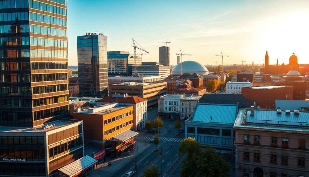 A bustling cityscape showcasing the dynamic Wirtschaftsstandort Kassel, captured in a wide-angle view. In the foreground, modern office buildings and sleek corporate headquarters stand tall, their glass facades gleaming in the warm afternoon sunlight. The middle ground features busy streets lined with thriving small businesses, their colorful awnings and signage reflecting the vibrant entrepreneurial spirit of the city. In the background, the iconic silhouette of the Documenta-Halle and other landmark structures provide a sense of historical context, blending seamlessly with the contemporary architecture. The scene conveys an atmosphere of productive energy, innovation, and economic prosperity, embodying the advantages that make Kassel an attractive destination for entrepreneurs and startups.