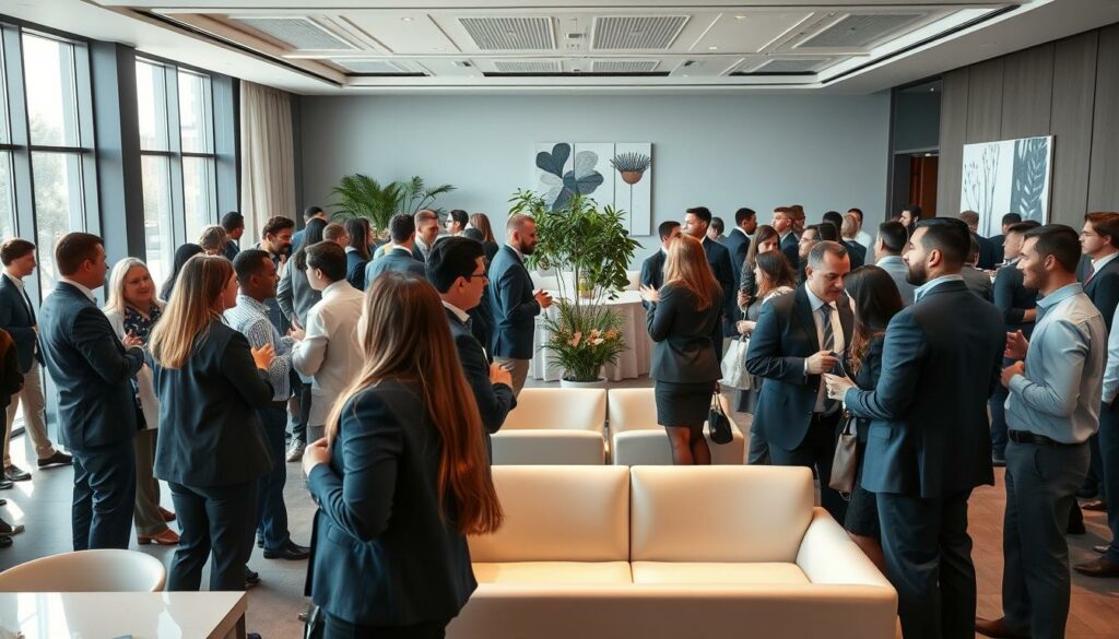 A bustling corporate networking event in a modern, well-lit conference hall. In the foreground, a group of professionals engaged in animated discussions, their business attire and confident expressions conveying a sense of purpose and collaboration. The middle ground features sleek, minimalist furniture and a backdrop of large windows, allowing natural light to flood the space and create a warm, inviting atmosphere. In the background, a cluster of potted plants and abstract wall art adds a touch of sophistication, while the overall layout and design suggest a well-organized, professional setting tailored for business networking and events.