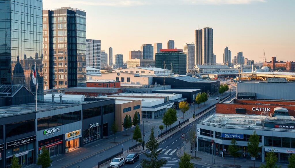 A bustling industrial cityscape with modern high-rise office buildings, warehouses, and manufacturing facilities. In the foreground, well-maintained streets and sidewalks are dotted with thriving businesses, their signage and storefronts reflecting the vibrant local economy. The middle ground features a mix of contemporary and historic architecture, showcasing Offenbach's blend of old and new. In the background, the skyline is dominated by sleek, glass-and-steel towers, their reflective surfaces catching the warm glow of the sun. The scene conveys a sense of prosperity, innovation, and opportunity - the hallmarks of a thriving economic hub. Captured with a wide-angle lens to emphasize the scale and dynamism of the Wirtschaftsstandort Offenbach.