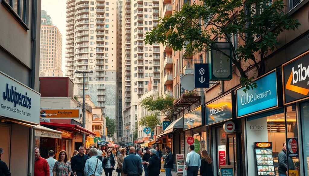 A bustling urban street scene, with a variety of small businesses and service providers lining the sidewalks. In the foreground, a group of people congregate outside a storefront, engaged in lively discussion. The middle ground features a mix of signage, awnings, and architectural details that hint at the diversity of commercial activities taking place. In the background, towering office buildings and apartment complexes create a sense of density and activity. The lighting is a warm, golden hue, casting a welcoming glow over the scene. The overall atmosphere conveys a vibrant, well-regulated business district, where entrepreneurs and customers navigate the various services and permits required by the local Gewerbeamt.