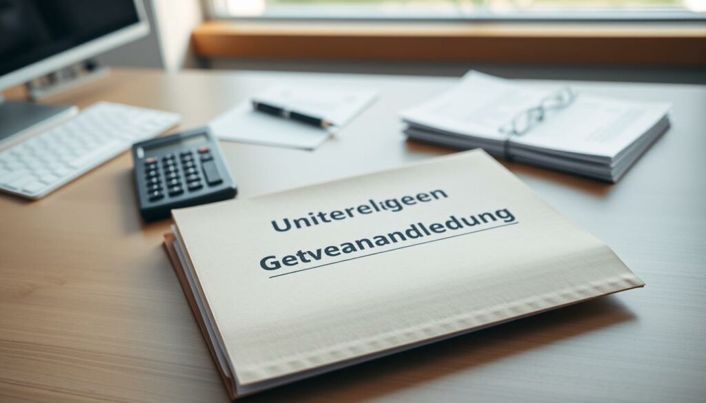 A clean, well-lit office desk with various business documents and stationery items neatly arranged. In the foreground, a manila folder labeled "Unterlagen Gewerbeanmeldung" (Business Registration Documents) is prominently displayed, its contents spilling out slightly. The middle ground features a pen, a calculator, and a stack of papers, all casting soft shadows on the desk's smooth, wooden surface. The background is blurred, providing a sense of depth and focus on the key elements. The overall scene conveys a professional, organized, and productive atmosphere, suitable for illustrating the "Voraussetzungen und benötigte Unterlagen" section of the article.