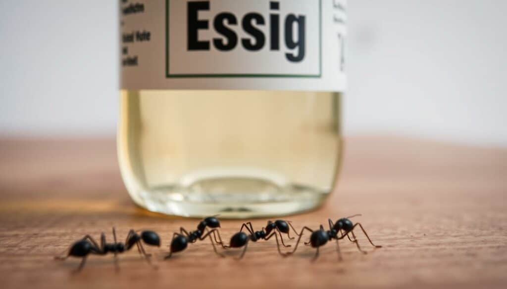 A close-up shot of a glass bottle filled with clear liquid, likely vinegar, positioned on a wooden surface. The bottle's label prominently displays the German text "Essig" (vinegar). In the foreground, several small black ants are seen crawling towards the bottle, creating a sense of tension and the notion of "Essig gegen Ameisen" (vinegar against ants). The lighting is soft and natural, highlighting the translucent quality of the liquid and the intricate details of the ants. The background is slightly blurred, creating a sense of depth and focus on the primary subject. The overall mood is one of a simple, effective household remedy against a common household pest. A close-up shot of a glass bottle filled with clear liquid, likely vinegar, positioned on a wooden surface. The bottle's label prominently displays the German text "Essig" (vinegar). In the foreground, several small black ants are seen crawling towards the bottle, creating a sense of tension and the notion of "Essig gegen Ameisen" (vinegar against ants). The lighting is soft and natural, highlighting the translucent quality of the liquid and the intricate details of the ants. The background is slightly blurred, creating a sense of depth and focus on the primary subject. The overall mood is one of a simple, effective household remedy against a common household pest.