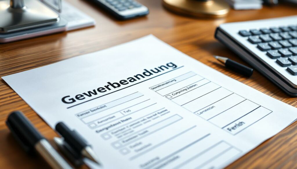 A close-up view of a German "Gewerbeanmeldung" form, lying on a wooden desk with a professional, crisp lighting setup. The form appears official and detailed, with various fields and checkboxes for business registration information. The scene conveys a sense of organization and bureaucratic efficiency, reflecting the legal and administrative aspects of establishing a new enterprise. The background is slightly blurred, keeping the focus on the essential document at hand. The overall atmosphere is one of seriousness and attention to detail, suitable for illustrating the "Gewerbeanmeldung, -abmeldung und -ummeldung" section of the article.