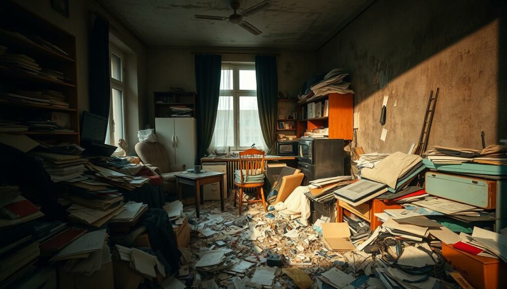 A cluttered and messy apartment interior, with piles of discarded items, accumulated papers, and a sense of overwhelming disorder. The lighting is dim, casting long shadows and creating a somber, overwhelming atmosphere. The room is filled with a variety of objects, from old furniture and appliances to clothing and personal belongings, all haphazardly strewn about. The floors are barely visible, covered in a layer of debris and clutter. The walls are stained and the windows are grimy, further adding to the sense of neglect and disrepair. The overall scene conveys the challenging and costly task of restoring order to a "Messie-Wohnung" or hoarding-affected residence.