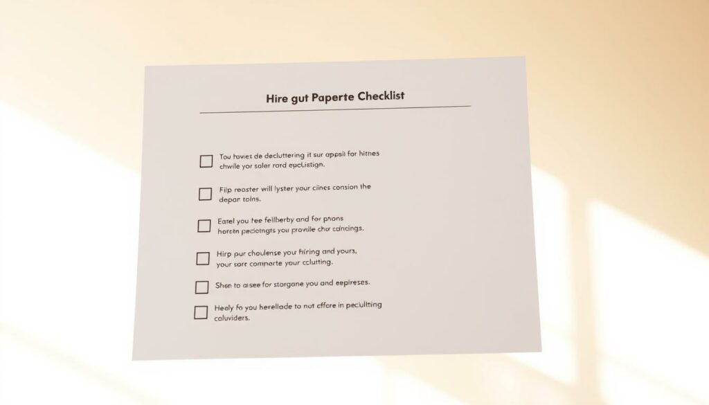 A detailed checklist floating against a bright, airy background, with minimalist icons and text highlighting key steps for hiring a professional decluttering service. The checklist is positioned prominently, with clean, legible typography in a modern, sans-serif font. The overall aesthetic is streamlined and organized, conveying a sense of efficiency and practicality to assist homeowners in making an informed decision when selecting a decluttering provider. Warm, natural lighting casts soft shadows, creating depth and emphasizing the checklist's importance. The composition is balanced and uncluttered, allowing the key information to take center stage.