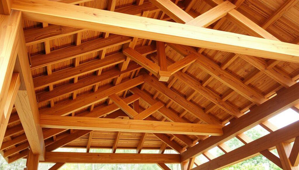 A detailed, neatly arranged wooden roof structure, designed for a garden pavilion. The intricate lattice of beams and joists, precisely crafted to provide shelter from the sun and rain. Warm-toned wood grain textures, with subtle variations in hue and knots, creating a rustic, natural aesthetic. Soft, diffused lighting illuminates the structure, casting gentle shadows and highlights that accentuate the architectural elements. The entire composition is captured from a slightly elevated angle, allowing the viewer to appreciate the thoughtful engineering and design of this practical yet visually appealing roof system.