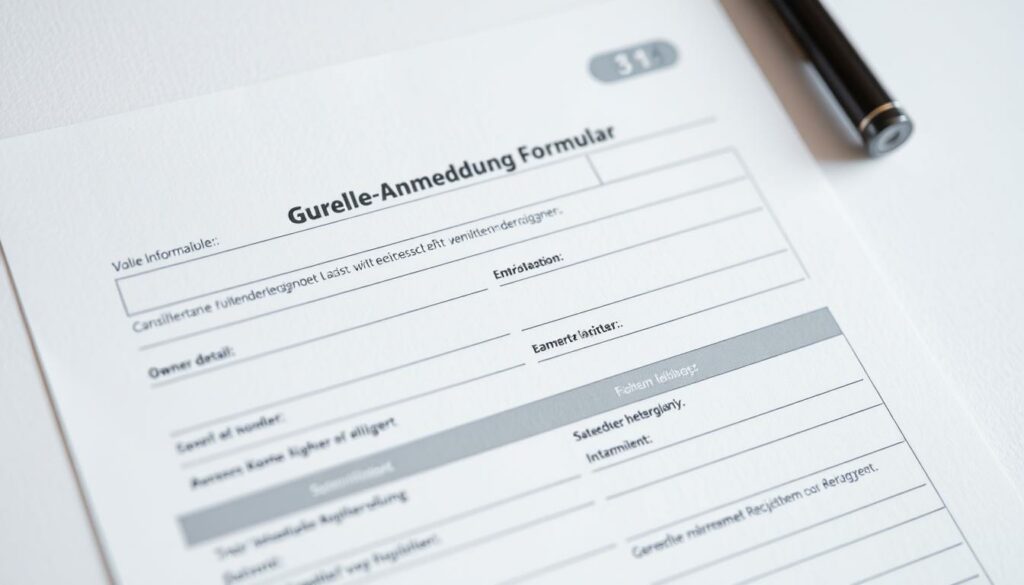 A detailed, official-looking Gewerbe-Anmeldung Formular form filling the frame, with a clean, minimalist design in shades of gray, blue, and white. The form features clear, legible fields for business information, owner details, and other required inputs. Subtle textures and gradients in the background evoke the look and feel of an official government document. Soft, even lighting illuminates the form, creating a sense of professionalism and authenticity. The overall composition conveys a straightforward, bureaucratic aesthetic suitable for an article on registering a business with the Gewerbeamt Rostock.