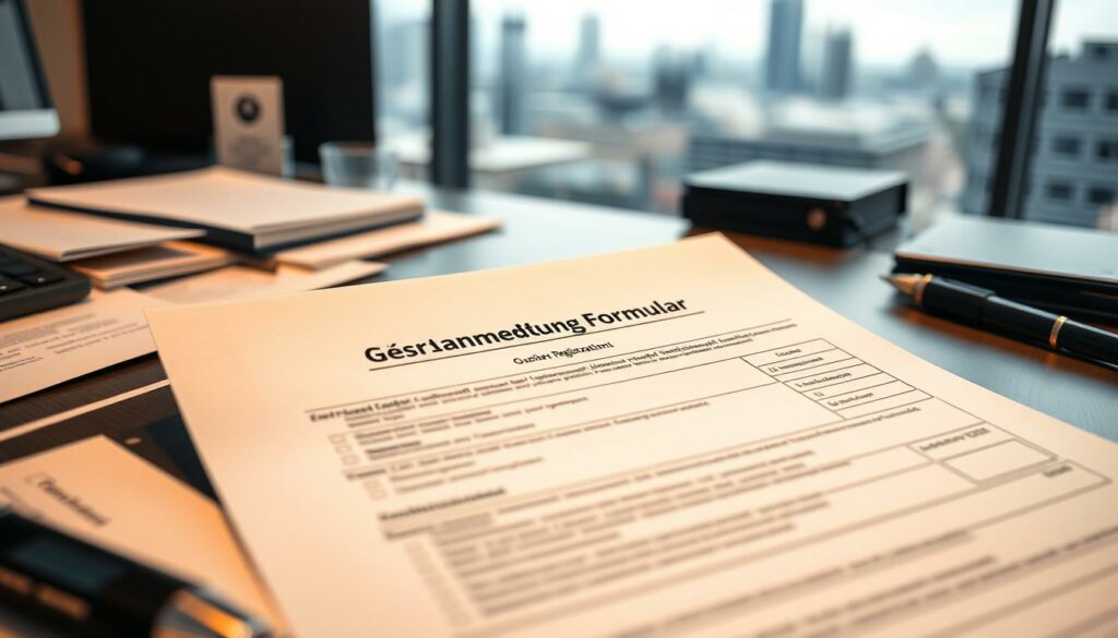 A detailed, official-looking Gewerbeanmeldung Formular (business registration form) lying on a neatly organized desk, surrounded by a professional business environment. The form is centered in the frame, with a subtle vignette effect creating a sense of depth. The lighting is soft and even, casting a warm, authoritative glow over the scene. The background features a blurred cityscape, hinting at the local setting of Kassel. The overall mood is one of efficiency, practicality, and the straightforward process of starting a new business.