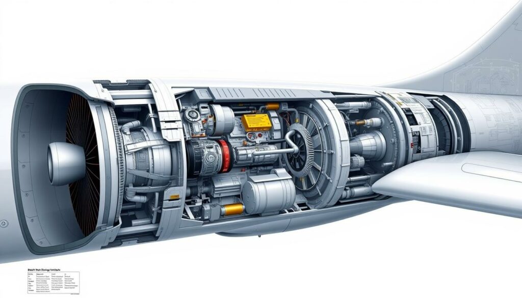 A detailed technical illustration of the internal systems of a Boeing 787 Dreamliner, captured in a clean, technical style. The view showcases the intricate network of hydraulic, electrical, and avionics components that power the aircraft, rendered with precise engineering schematics and exploded diagrams. The image should convey a sense of technical sophistication and engineering prowess, allowing the viewer to appreciate the complexity of the aircraft's design. Lighting should be bright and clinical, with a neutral color palette and minimal distractions, putting the focus squarely on the technical details. The overall mood should be one of technical professionalism and precision.