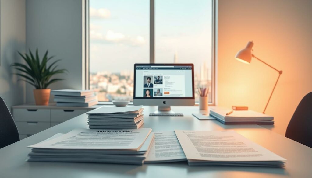 A detailed, technical illustration of the step-by-step process for registering a business in Ulm, Germany. The image depicts a clean, minimalist office setting with a desk, laptop, and various business documents. Soft, directional lighting casts a warm, professional glow, highlighting the various stages of the registration process laid out in a clear, organized manner. The foreground features a series of neatly stacked forms and paperwork, with the middle ground showcasing a computer screen displaying relevant online resources. The background subtly suggests the Ulm cityscape through a large, panoramic window. The overall tone is one of efficiency, practicality, and guidance, reflecting the informative nature of the article section.