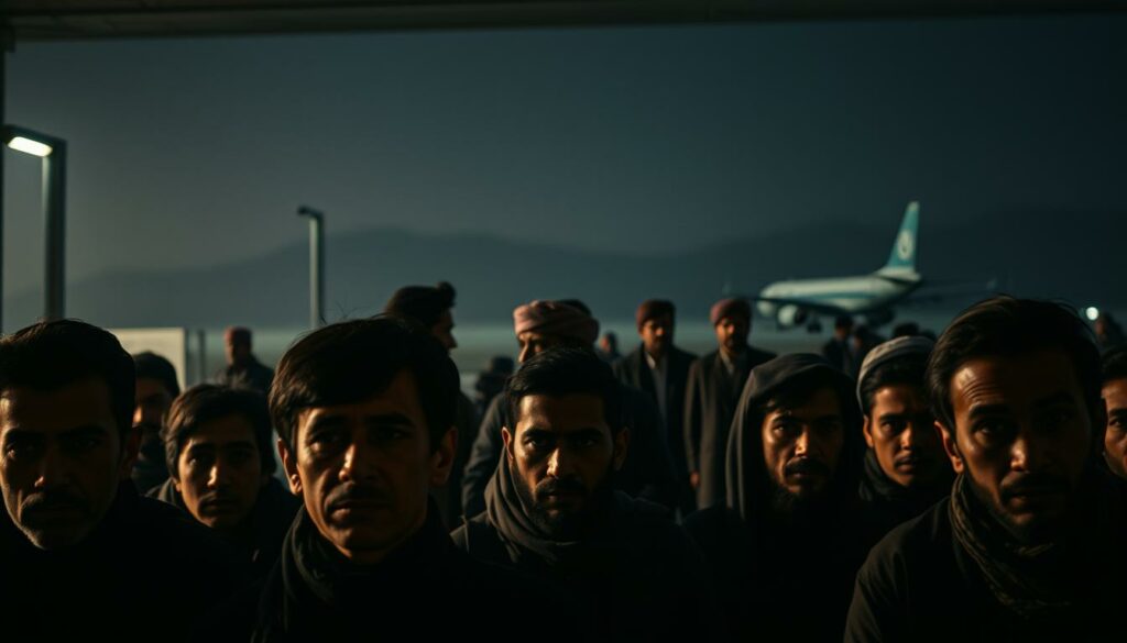 A dimly lit airport terminal, the air thick with tension. In the foreground, a group of Afghan refugees, their faces etched with worry, as they wait to be processed for deportation. The middle ground reveals Taliban officials, dressed in traditional garb, engaged in tense negotiations with government representatives. The background shows the silhouettes of aircraft, their engines rumbling, ready to transport the refugees back to the uncertain future that awaits them in Afghanistan. The scene is bathed in a somber, muted color palette, conveying the gravity and somber nature of the situation. Cinematic lighting casts dramatic shadows, heightening the sense of unease and despair.