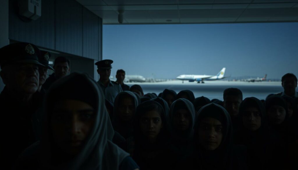 A dimly lit airport terminal, the atmosphere thick with tension. In the foreground, a group of Afghan refugees, their faces etched with uncertainty, as they await their forced repatriation. In the middle ground, uniformed officials oversee the proceedings, their expressions a mix of detachment and unease. In the background, the silhouettes of aircraft on the tarmac, a symbol of the larger geopolitical forces at play. The lighting is harsh, casting deep shadows that accentuate the somber mood. The camera angle is low, giving a sense of the refugees' vulnerability and the imposing presence of the authorities. This image conveys the complex and often contentious nature of deportations, highlighting the human toll and the ethical dilemmas that surround such actions.