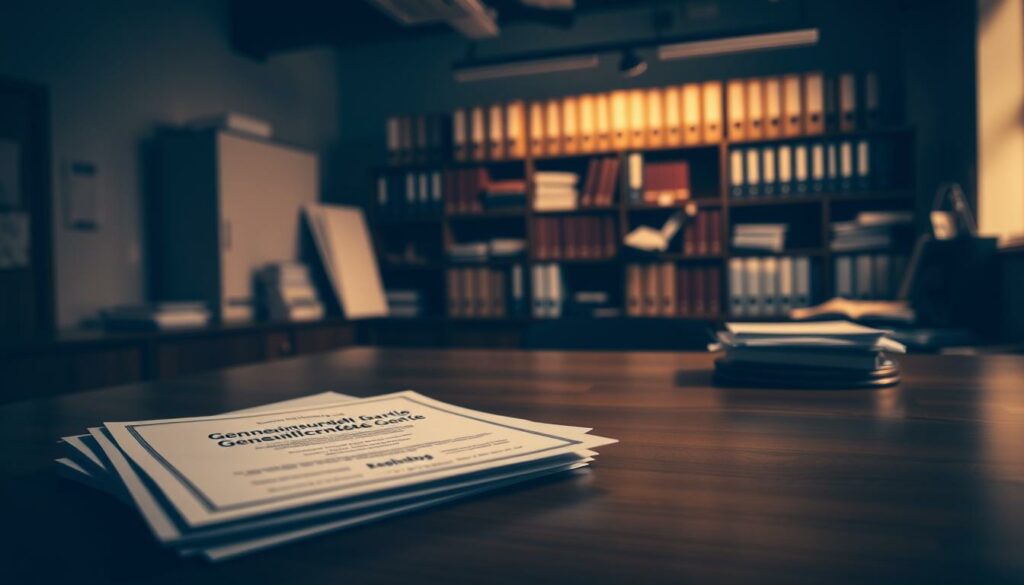 A dimly lit office interior, with a large wooden desk in the foreground. On the desk, various legal documents and business licenses are neatly arranged, including a prominent "Genehmigungspflichtige Gewerbe" permit. In the middle ground, shelves filled with organized binders and files line the walls, hinting at the administrative complexity of regulated businesses. The background is softly blurred, suggesting a sense of professionalism and order. The lighting is warm and muted, creating a serious, contemplative atmosphere. The camera angle is slightly elevated, giving the viewer a sense of authority and oversight, as if surveying the organized chaos of bureaucratic processes.