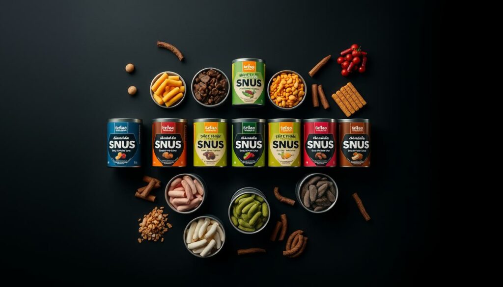 A diverse array of modern snus flavors, displayed on a sleek, minimalist black background. The snus canisters are arranged in a visually striking, symmetrical layout, showcasing a range of bold, vibrant hues. The lighting is soft and diffused, creating a premium, high-end aesthetic. The image conveys a sense of sophistication and a focus on the artisanal nature of the snus production process. The overall composition is clean, modern, and inviting, reflecting the diverse flavor options available to the discerning snus consumer.